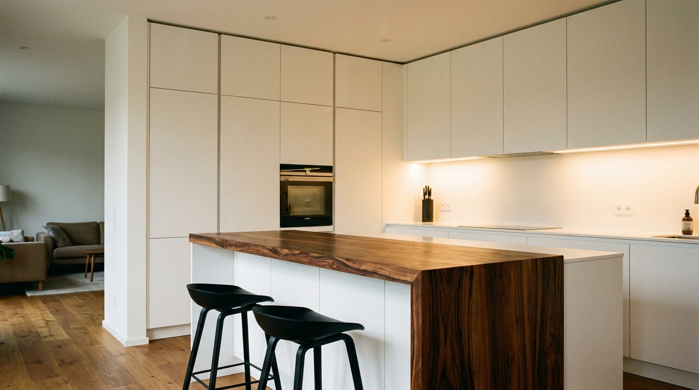 Aranżacja salonu z kuchnią: Modne połączenie bieli i ciemnego drewna egzotycznego