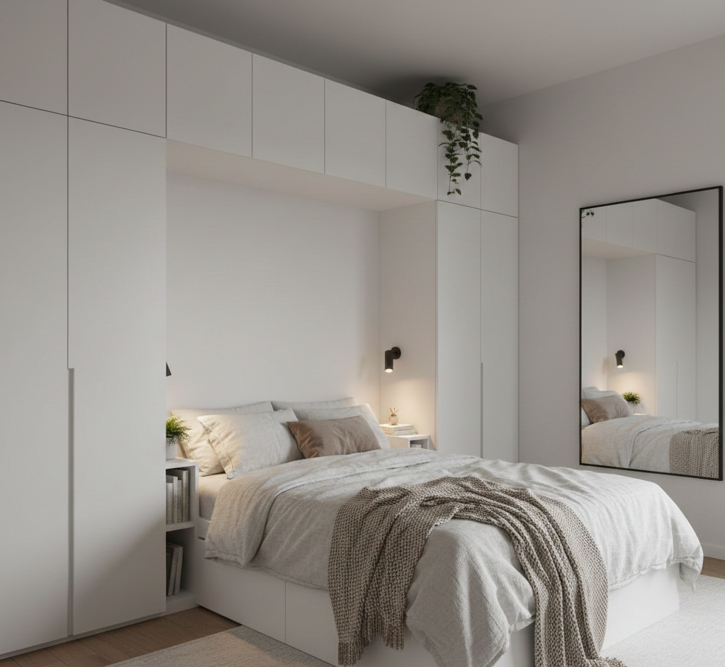 Miejsce w sypialni: zabudowa ściany wokół łóżka