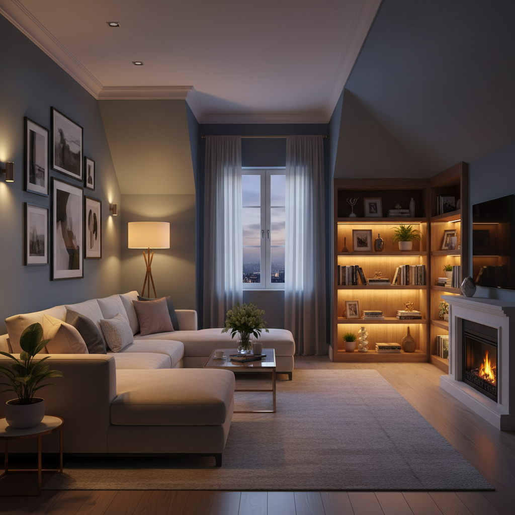 Oświetlenie salonu: Kompletny przewodnik, jak wykorzystać światło dzienne i okna na poddaszu do stworzenia jasnego i funkcjonalnego wnętrza.